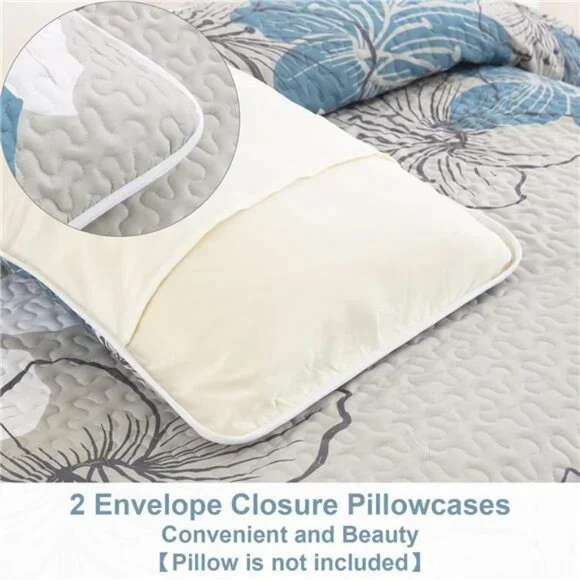 3 Pieces Quilt Set California King Blue Floral Pattern Quilt Coverlet - Picture 7 of 8